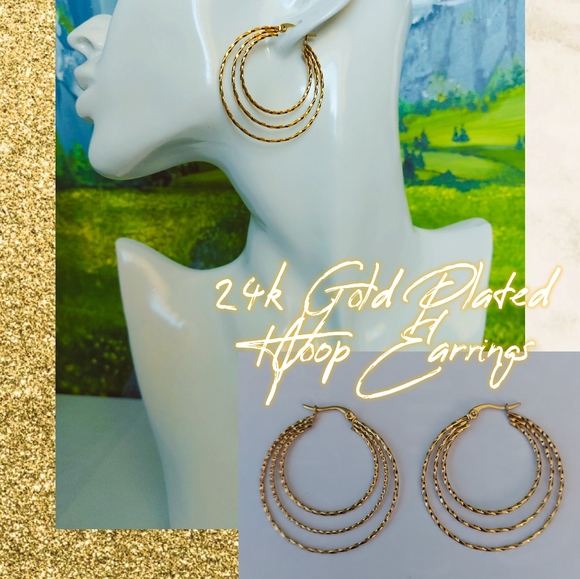 24k Gold Plated Hoop Earrings - Picture 1 of 4